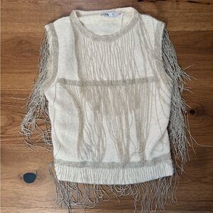 Zara Cream Knit Top with Fringe Detail